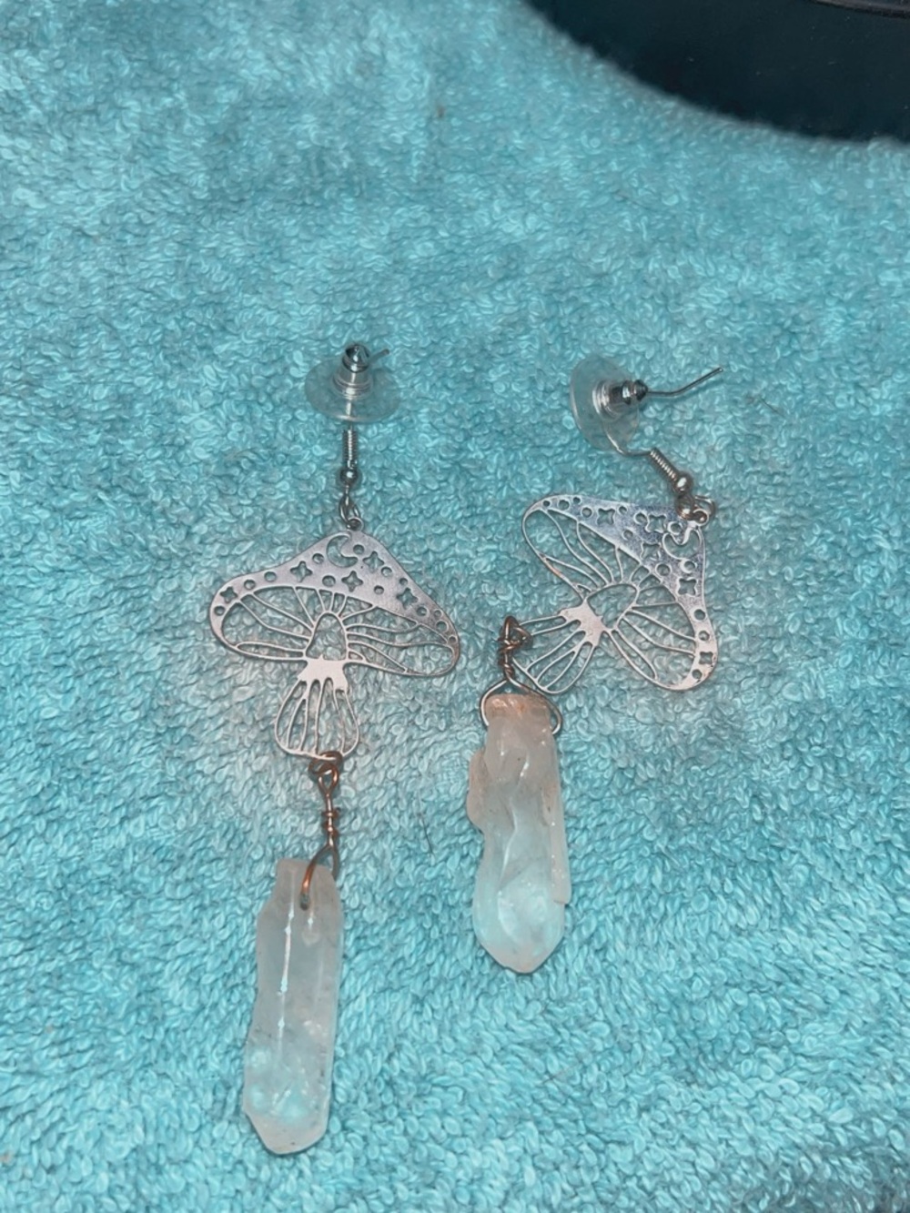 Sterling Mushroom Filigree Drop Earrings with Clear Quartz